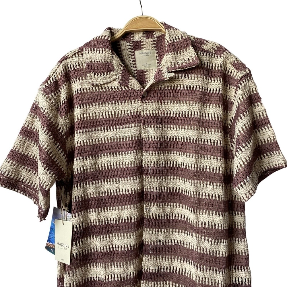 Massive Luxury Striped Crochet Shirt Men M Maroon Open Knit Academia Beach NWT